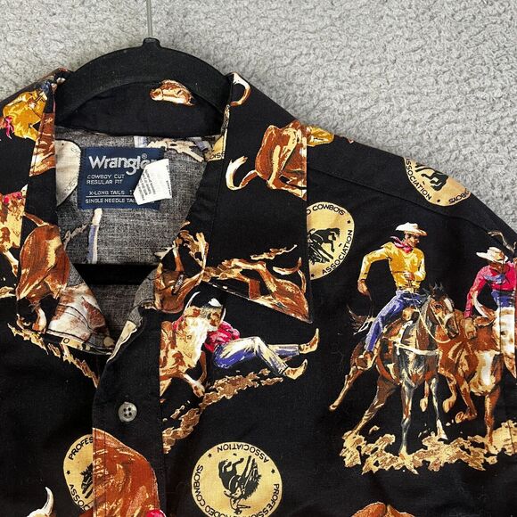 VTG Wrangler PRCA Shirt Mens 17 1/2 36 Black Button All Over Print Rodeo Ranch - Picture 2 of 13